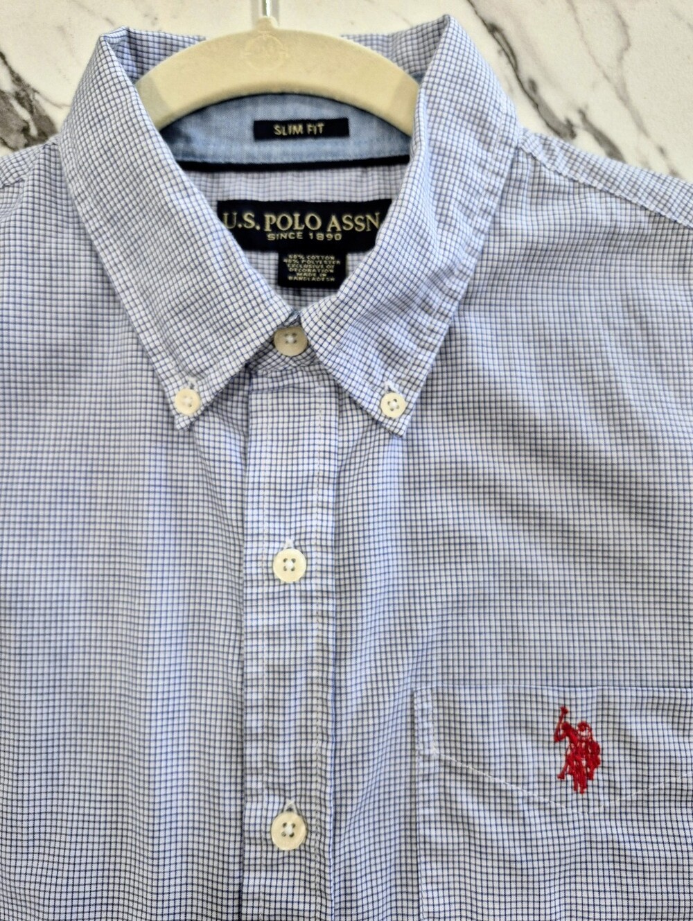 US Polo Assn Short Sleeve Button Down Shirt, Mens Slim Fit Medium, Blue Check - Picture 6 of 14